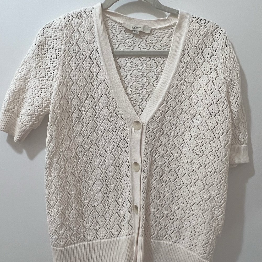White Pointelle Short Sleeved Cardigan - Loft